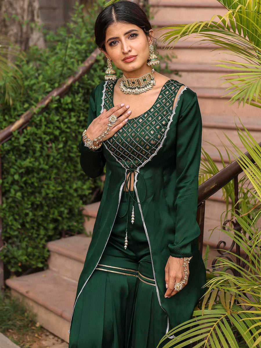 Bottle Green Polka Dot Embellished Hem Rayon Sharara