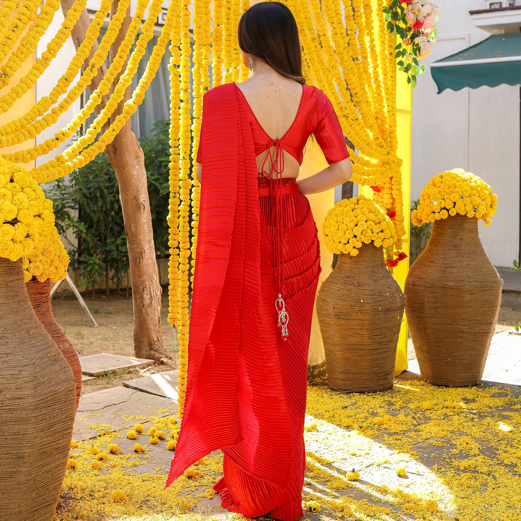 Red Pleated Pre-Draped Saree