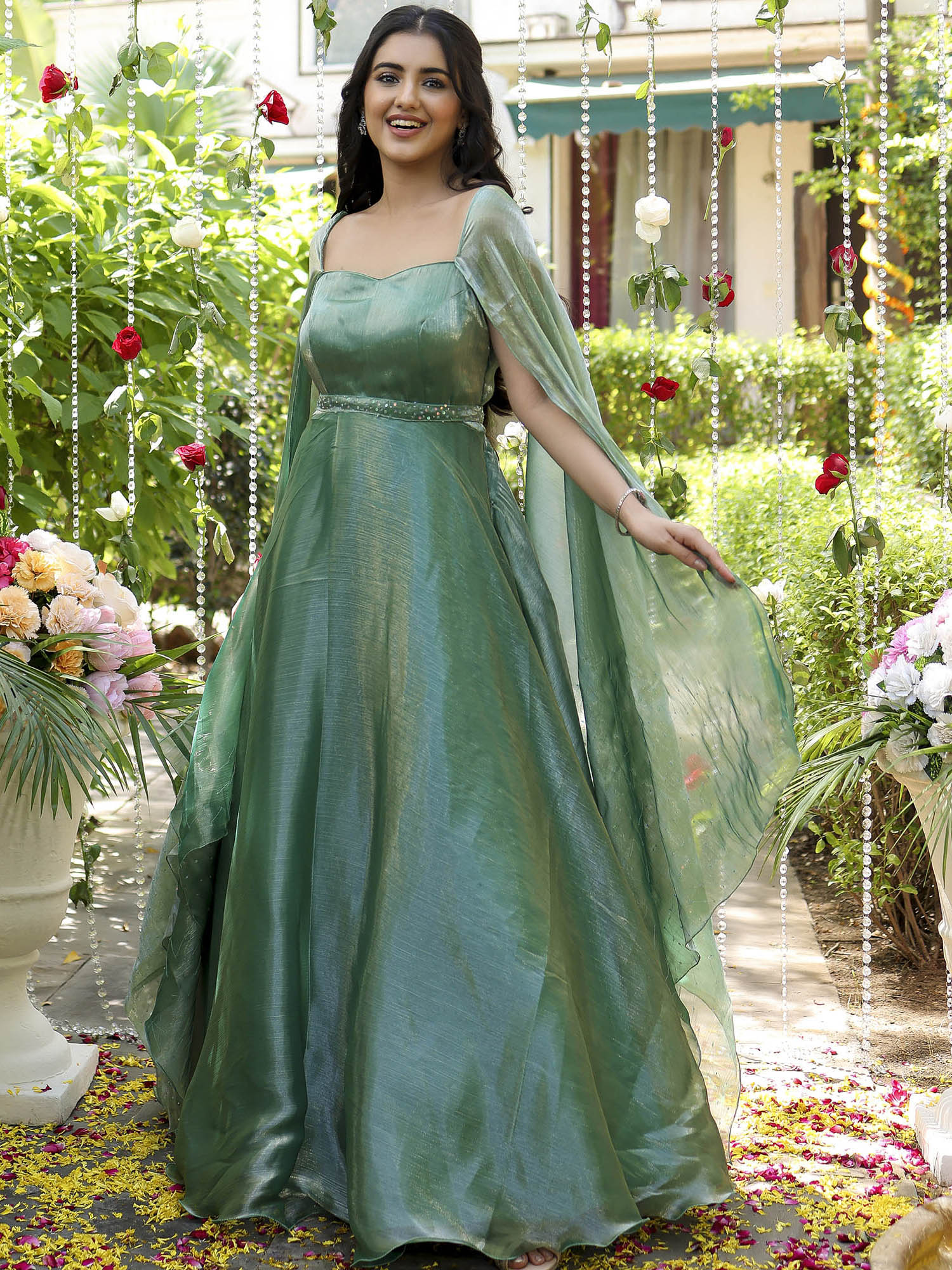 Green Embroidered Organza Party wear Gown main image 0