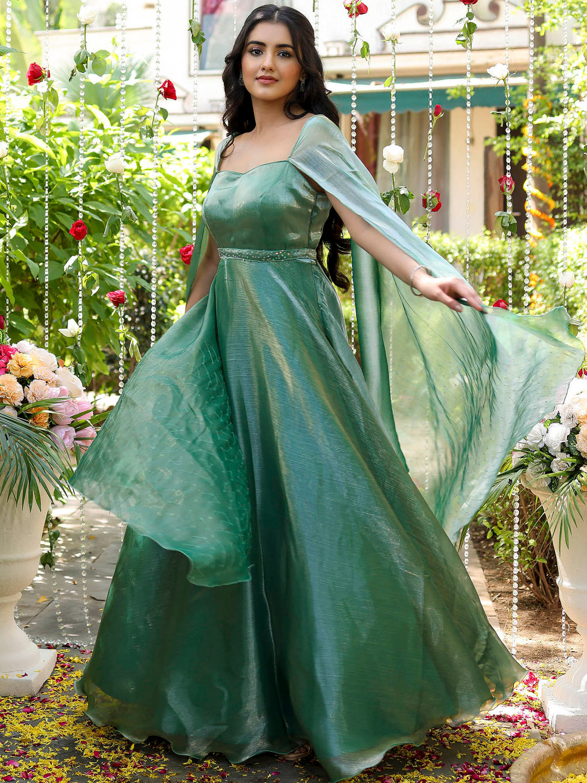 Green & Blue Silk Foil Printed & Embroidered Traditional Gown main image 1