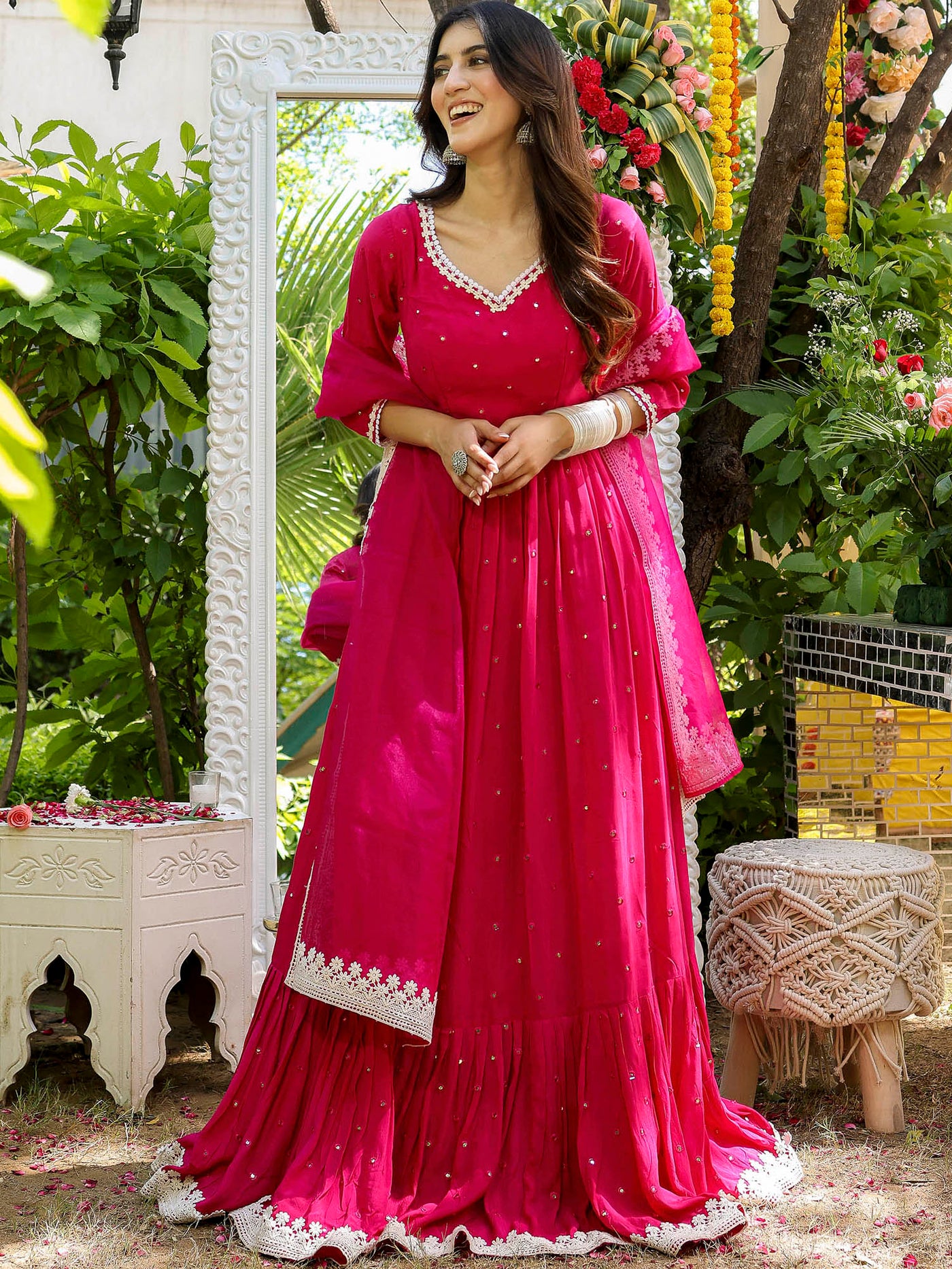 Pastel Pink Printed Anarkali Dress with Mirror Work Yoke
