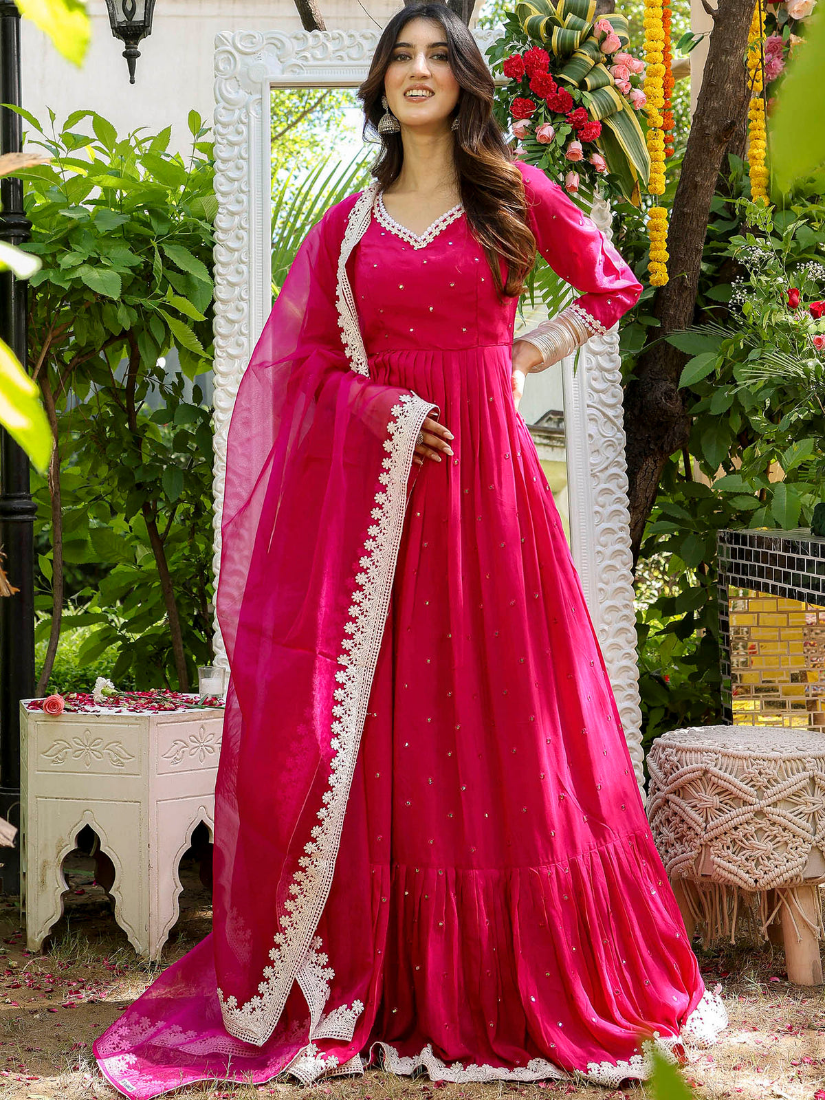 Elegant Mirror Work with Designer Anarkali Three Piece Set