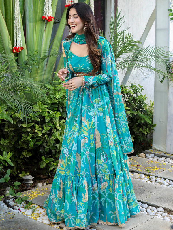 Deep Green Georgette Crop Top Lehenga