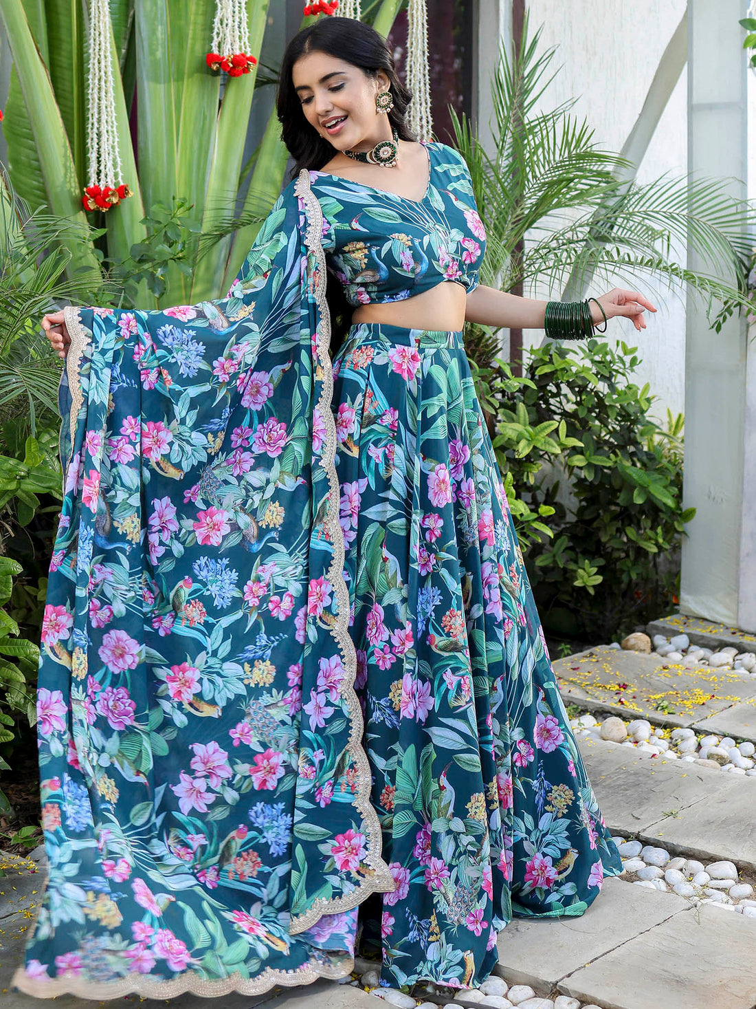 Green Printed Lehenga