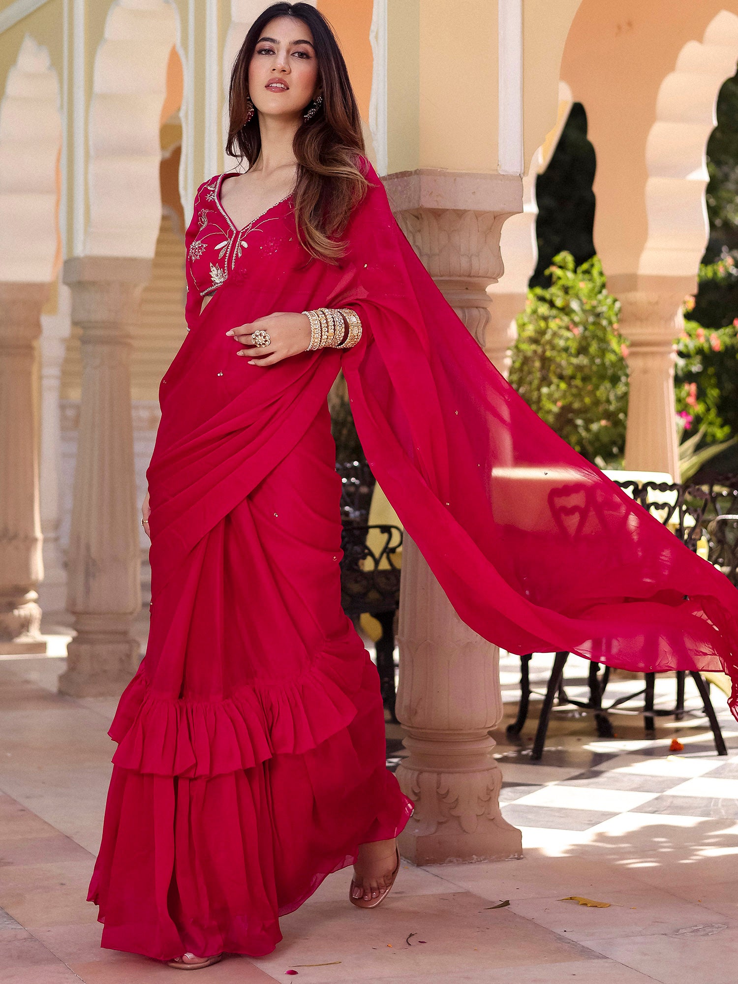 Pink Pre Draped Saree
