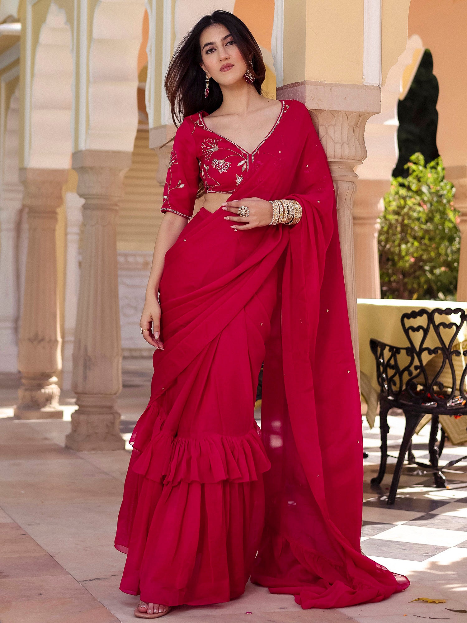 Pink Pre Draped Saree