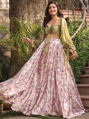 OLIVE GREEN TOP WITH PRINTED SKIRT