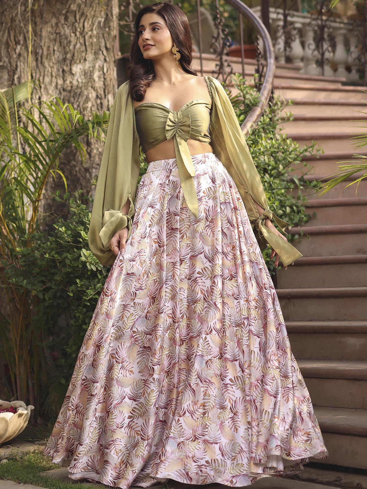 OLIVE GREEN TOP WITH PRINTED SKIRT