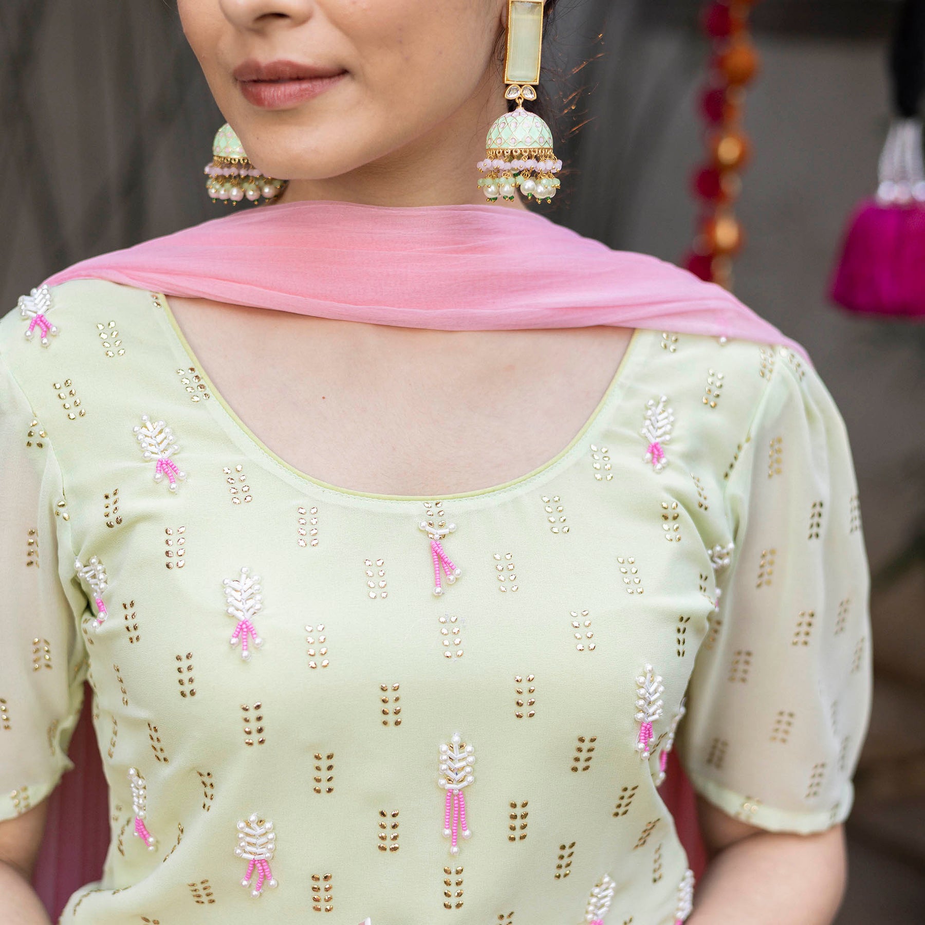 Green Pink Hand Embroidered Patiyala Suit Set