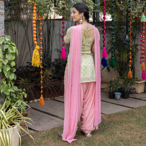Green Pink Hand Embroidered Patiyala Suit Set