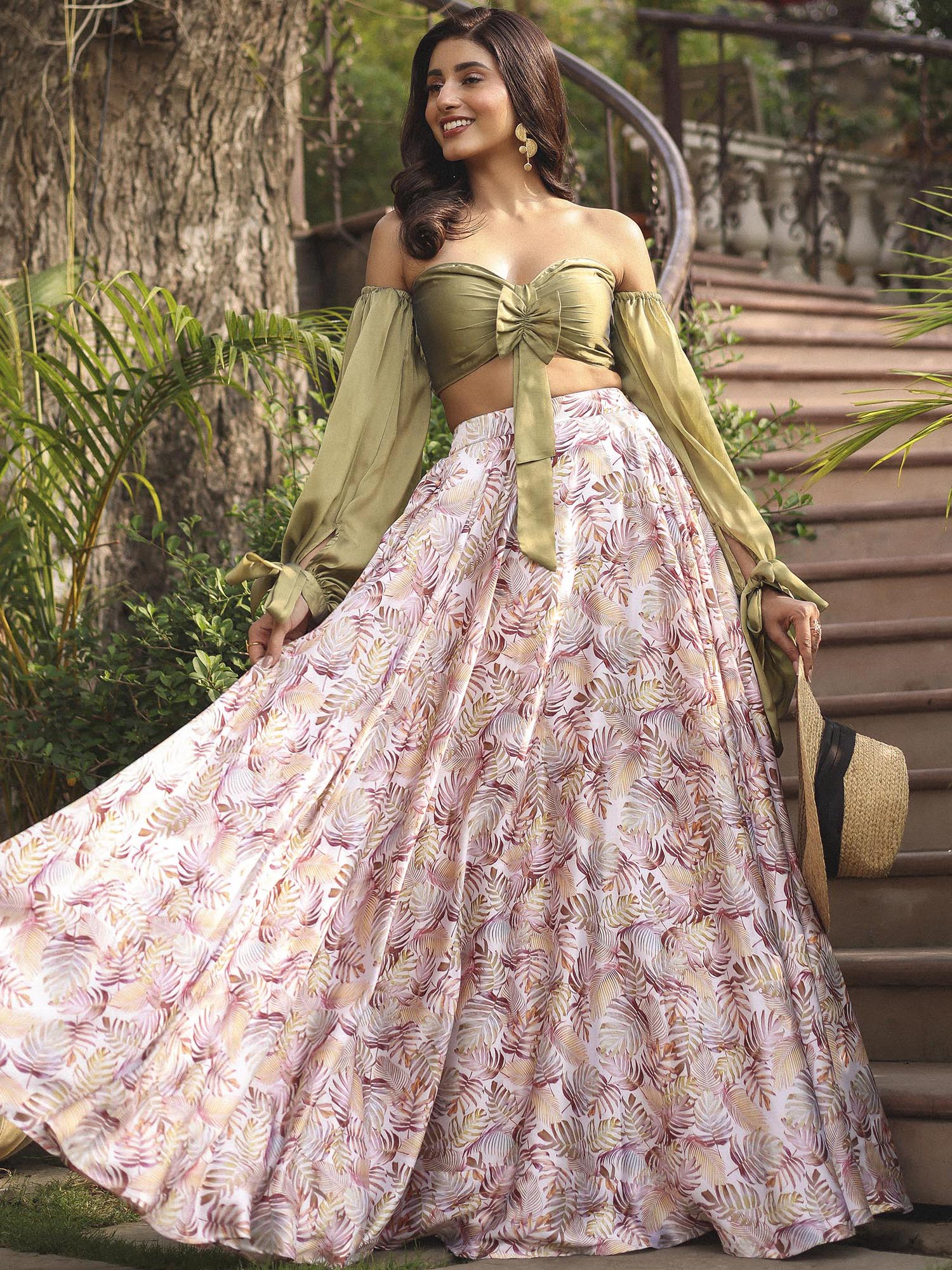 OLIVE GREEN TOP WITH PRINTED SKIRT