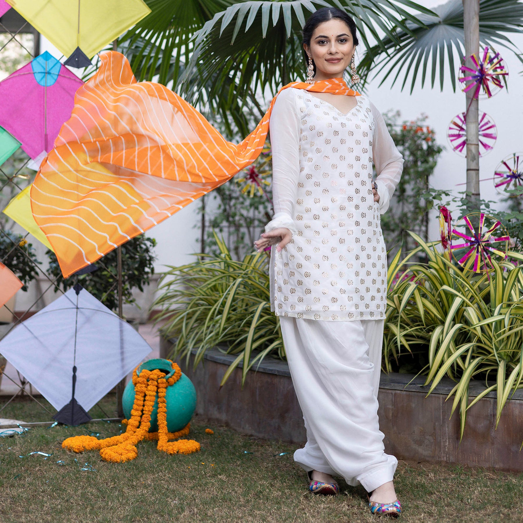 White Mukaish Patiyala Suit With Orange Leheriya Dupatta