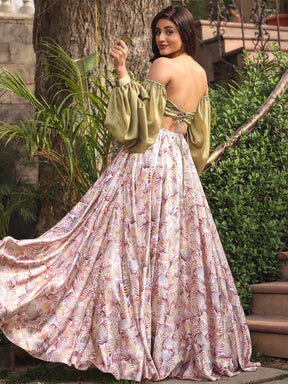 OLIVE GREEN TOP WITH PRINTED SKIRT