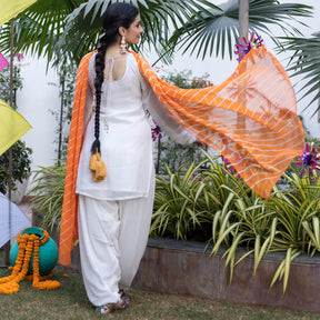 White Mukaish Patiyala Suit With Orange Leheriya Dupatta