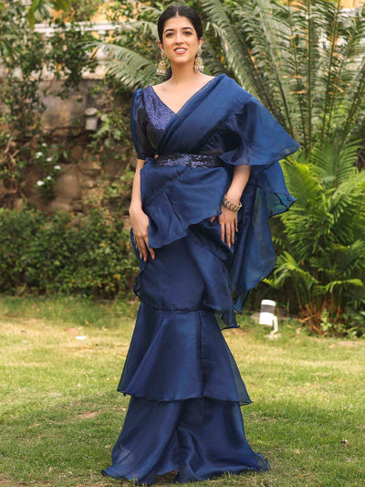 COBALT BLUE RUFFLE SAREE
