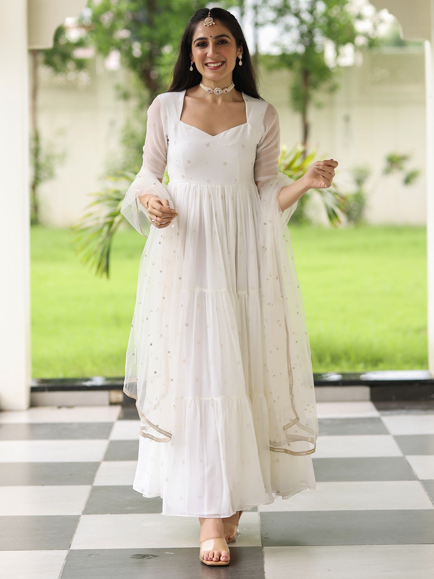 white anarkali dress Women Suit Gown Dupatta Set Wedding Party Wear For Women and Festive Occasions etc Jiva White Georgette Sleeveless Anarkali
