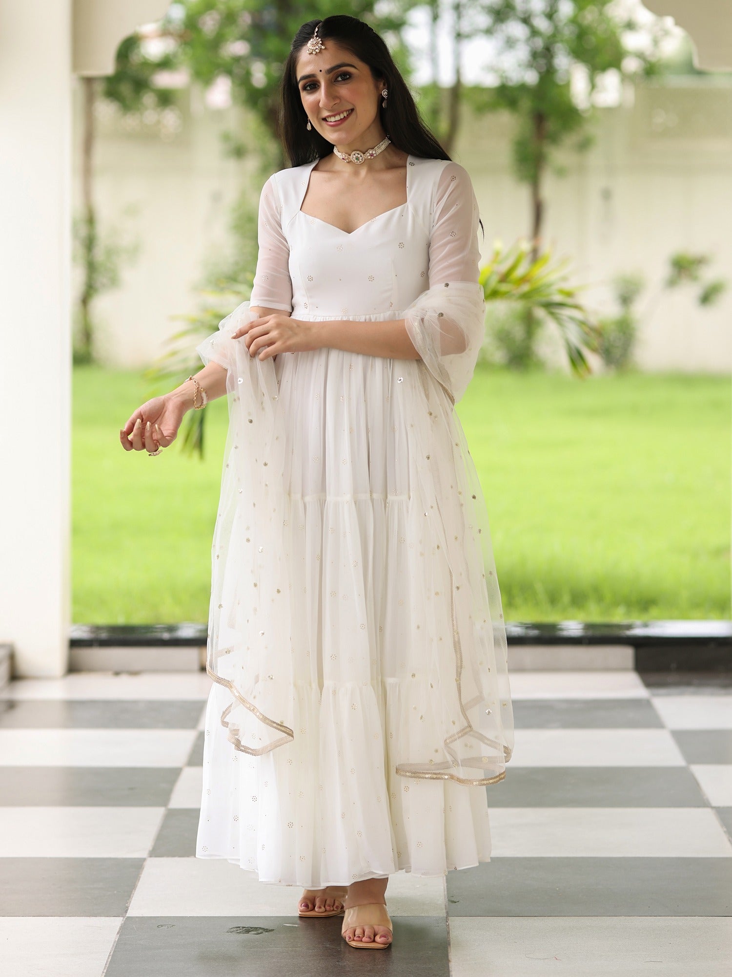white anarkali dress designs White Net Anarkali Dress Design White Thread Anarkali With Chanderi Skirt Set Of