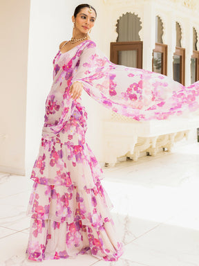 Bagh White Pre Draded saree