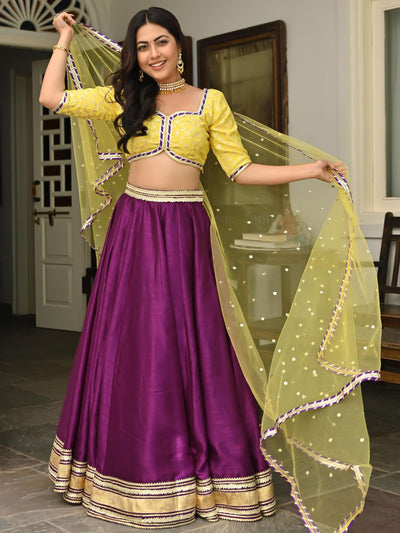 Yellow  Purple Silk Lehenga