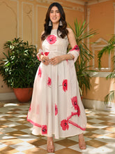 White Pink Floral Print Anarkali Set