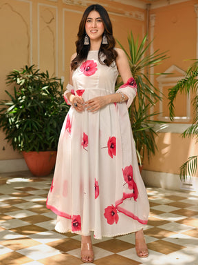 White Pink Floral Print Anarkali Set