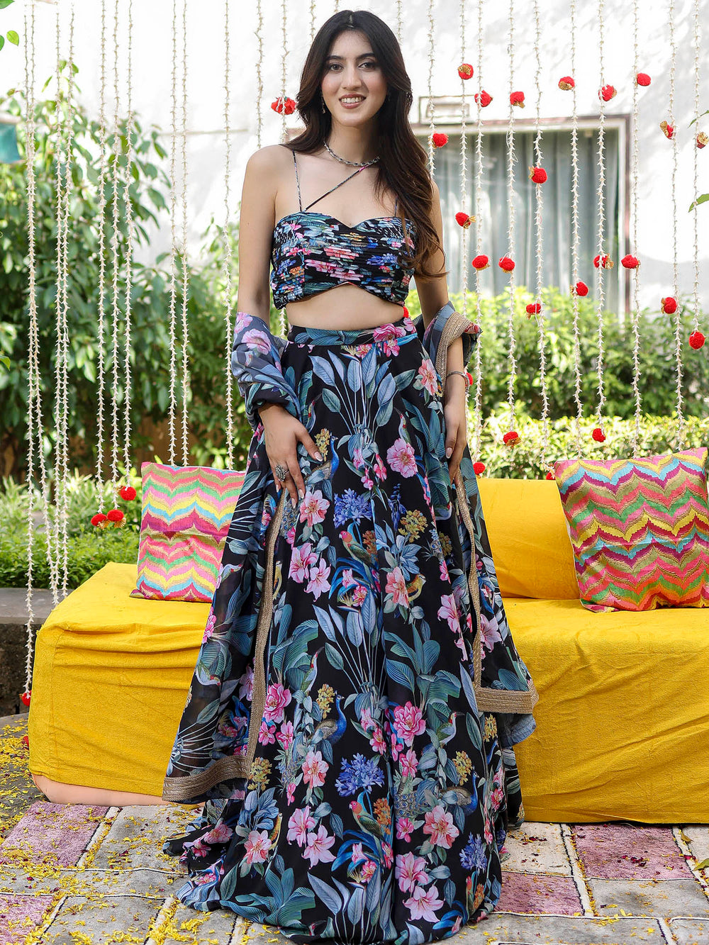 BLACK & BEIGE HAND BLOCK PRINTED LEHENGA SET