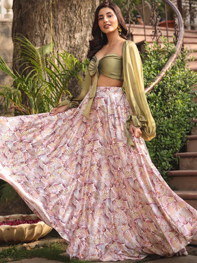 OLIVE GREEN TOP WITH PRINTED SKIRT