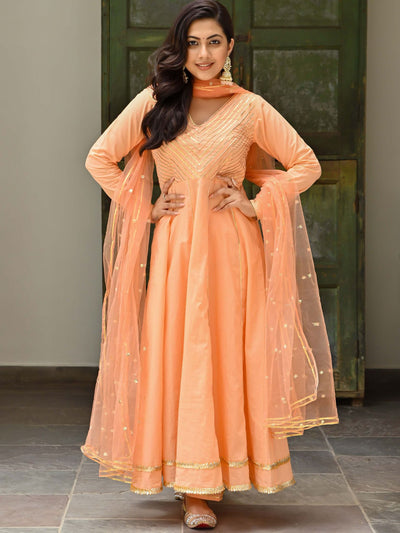 Peach Cotton Anarkali Set