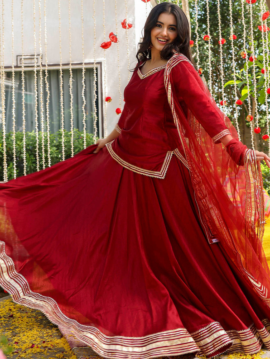 Maroon Short Kurti Lehenga Set - Main Image