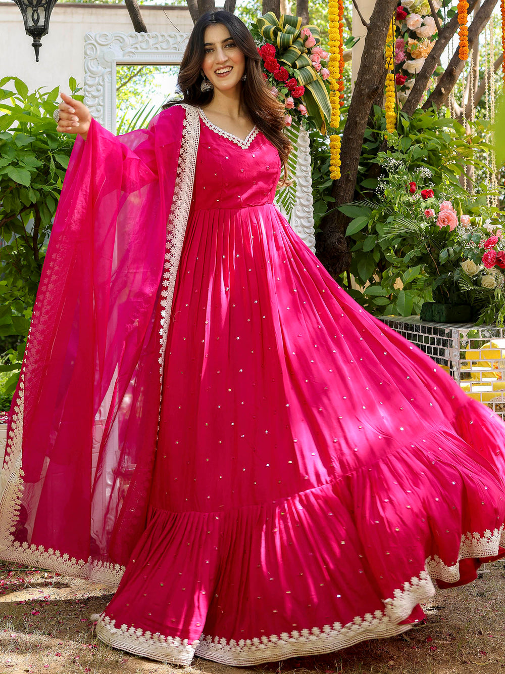 Classic Pink Flowing Anarkali Set