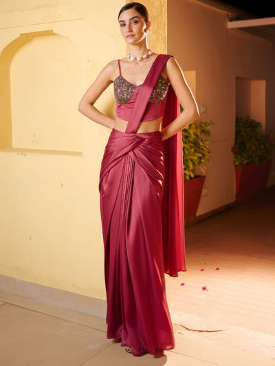 Modern Reddish Pink Pre Draped Saree