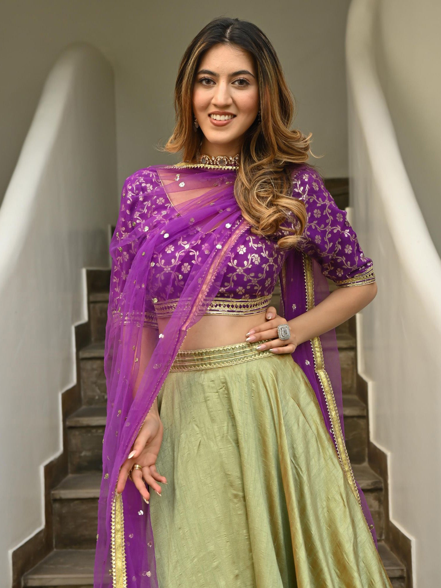 Green & Purple Brocade Lehenga M Green & Purple Brocade Lehenga M