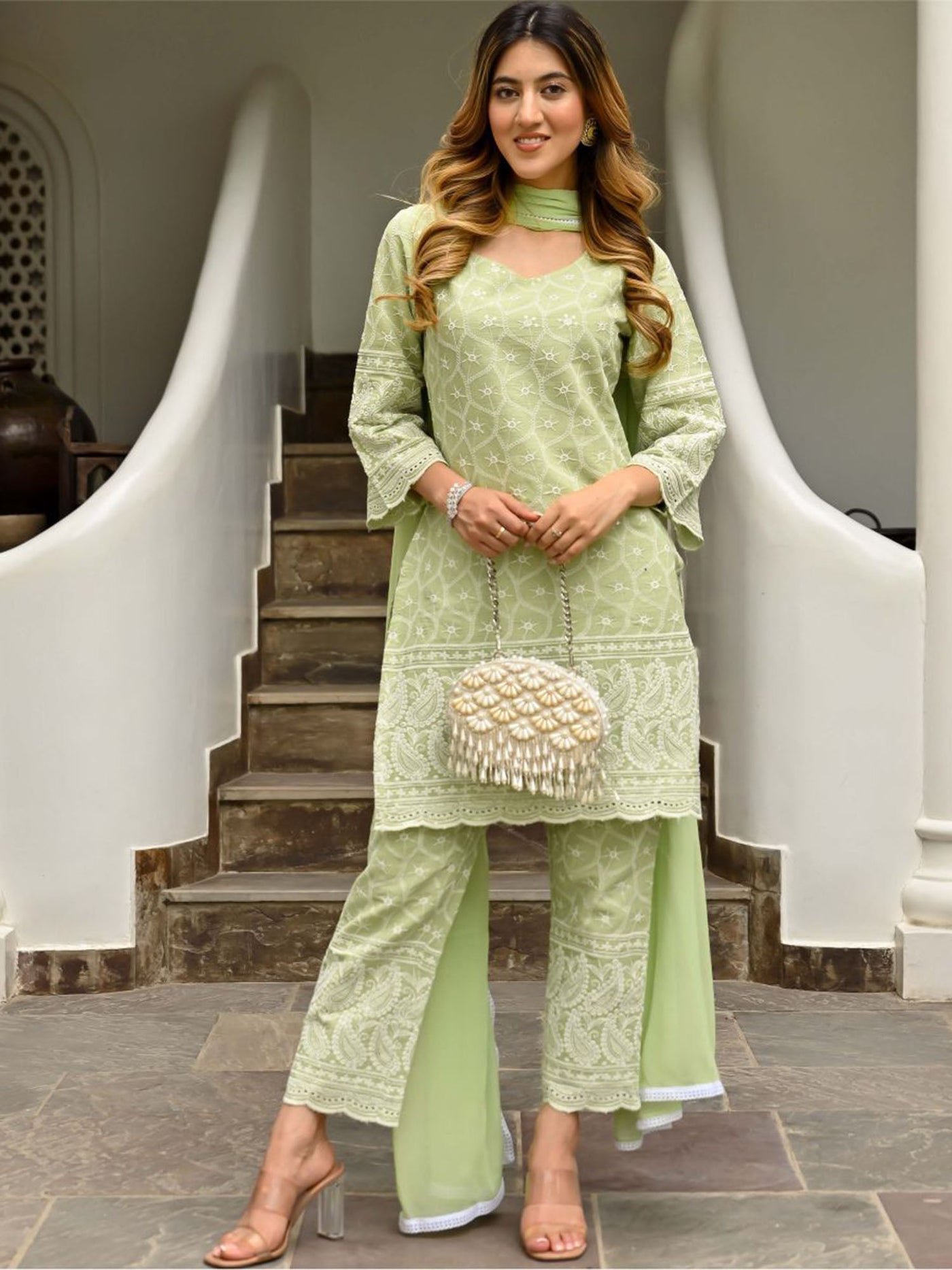 Women's Embroidered Green Flared A-Line Kurta Set with Trouser