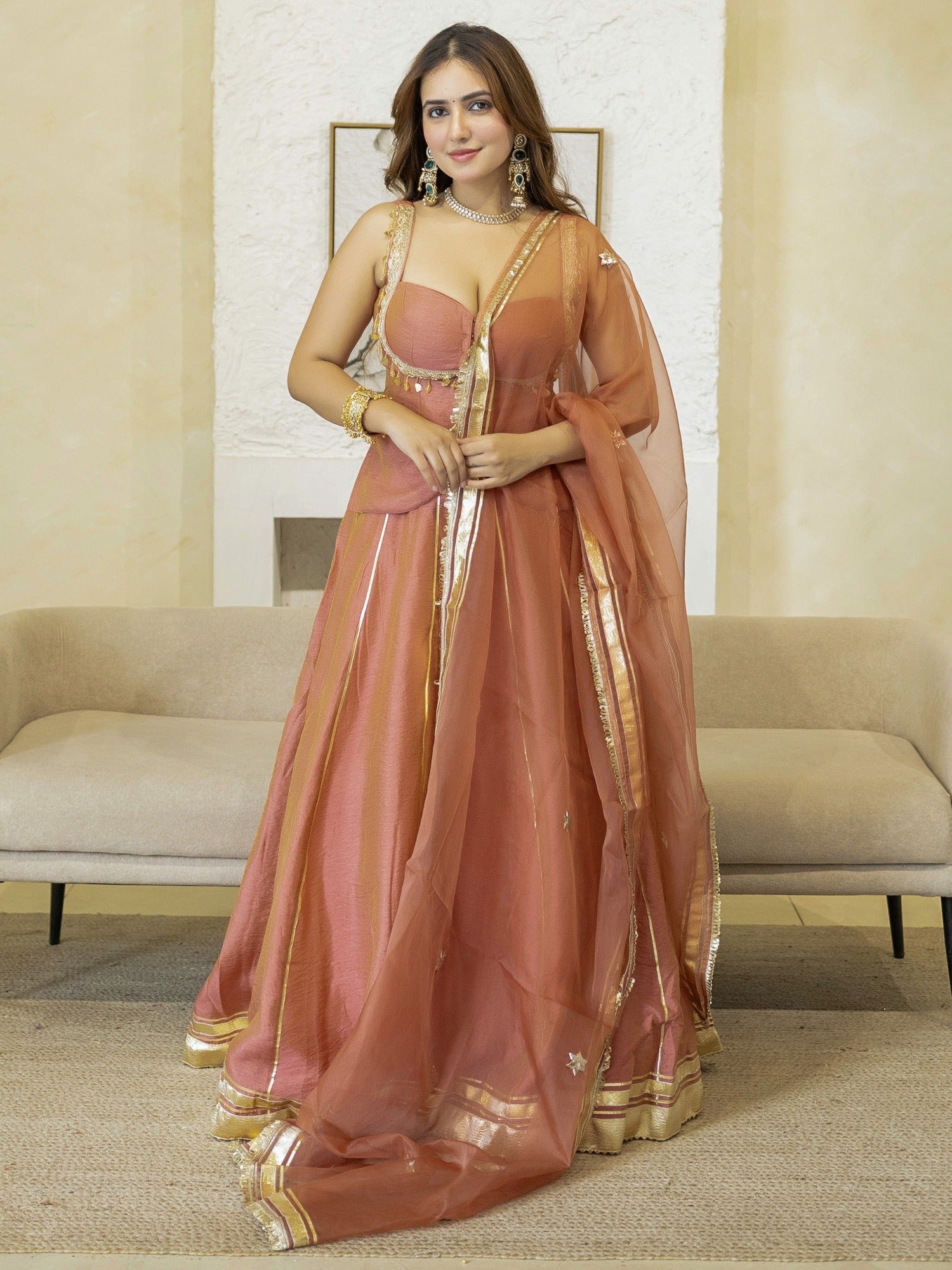 PEACH PEPLUM BLOUSE WITH LEHENGA