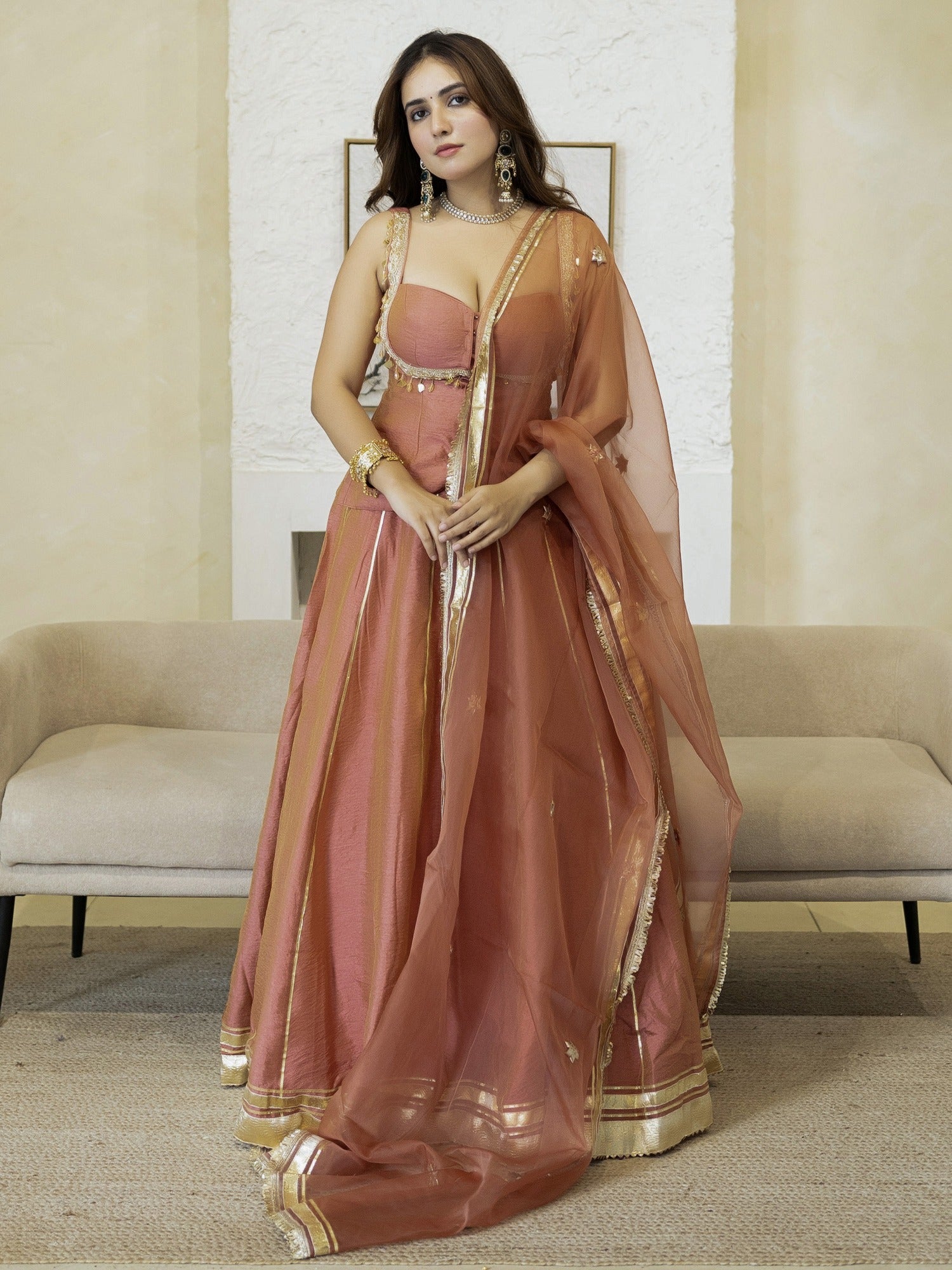 PEACH PEPLUM BLOUSE WITH LEHENGA