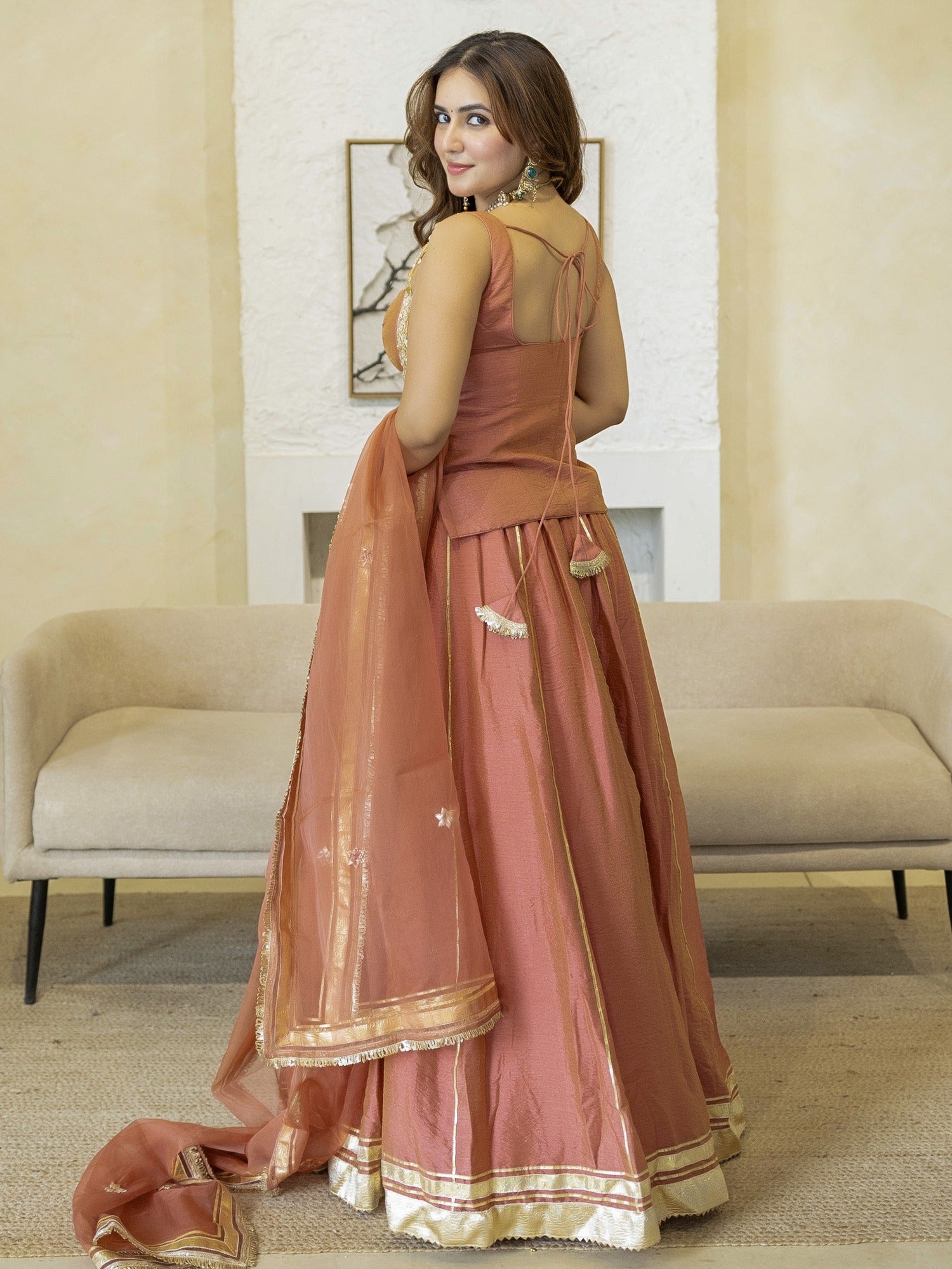 PEACH PEPLUM BLOUSE WITH LEHENGA