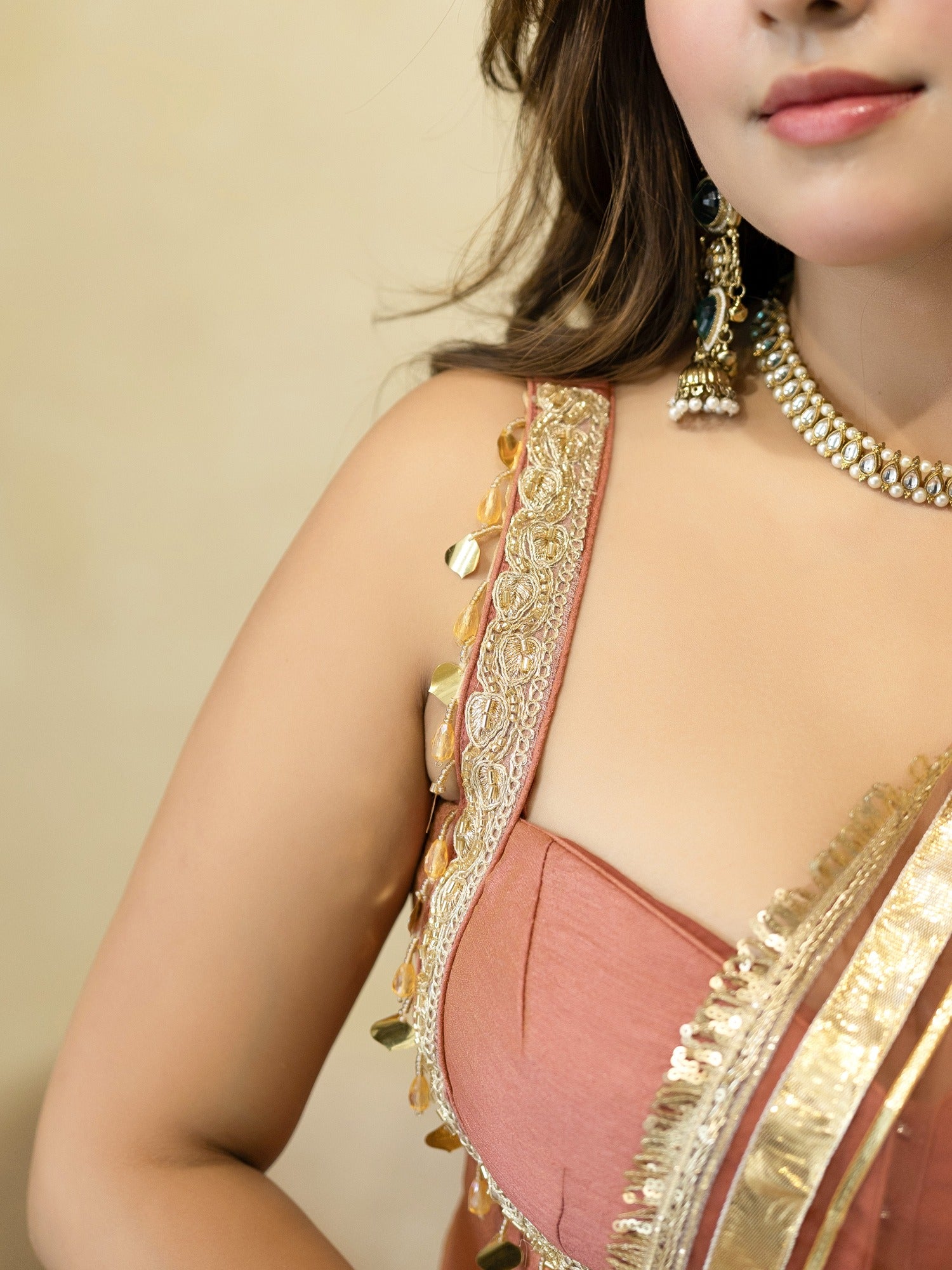 PEACH PEPLUM BLOUSE WITH LEHENGA