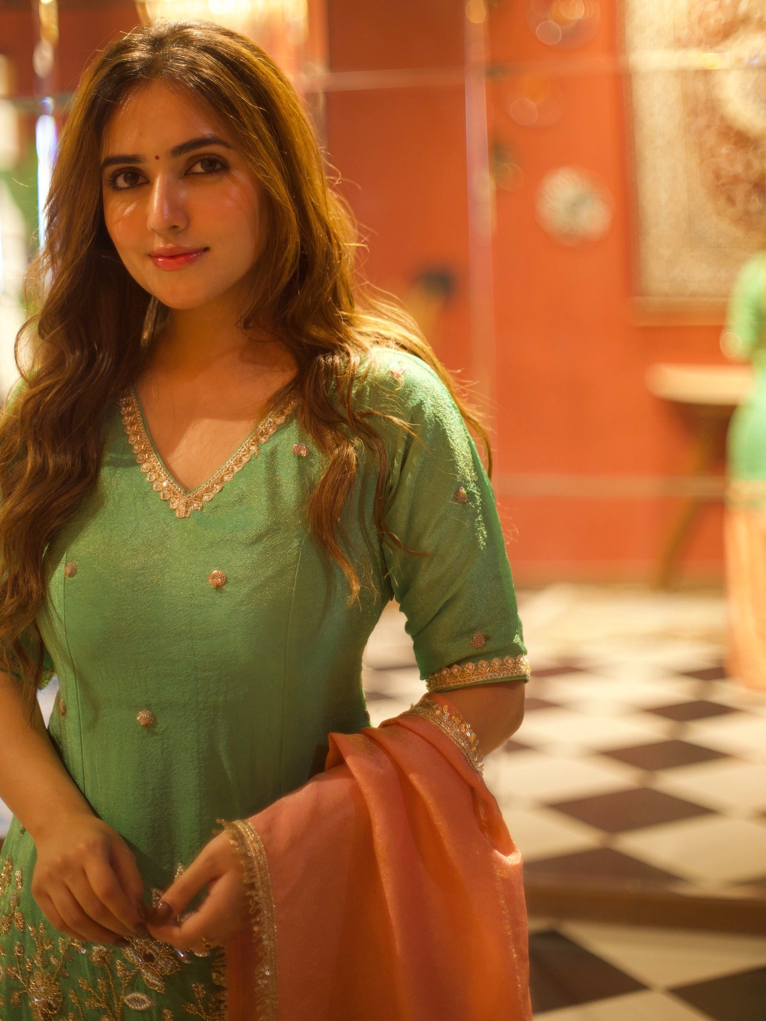 GREEN & PEACH PATIYALA SET