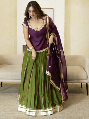 PURPLE PEPLUM BLOUSE WITH GREEN LEHENGA