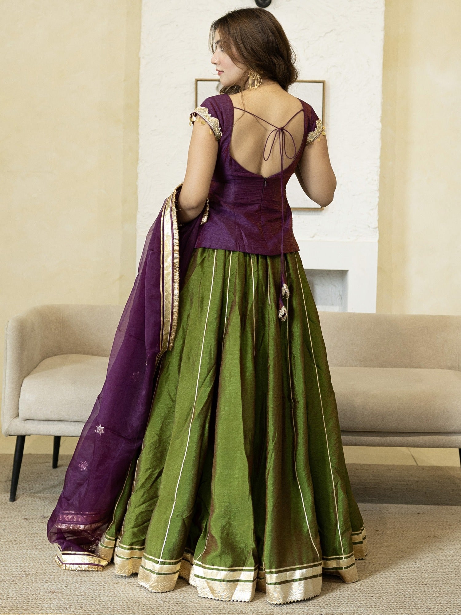 PURPLE PEPLUM BLOUSE WITH GREEN LEHENGA