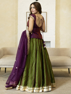 PURPLE PEPLUM BLOUSE WITH GREEN LEHENGA