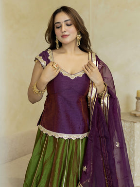 PURPLE PEPLUM BLOUSE WITH GREEN LEHENGA