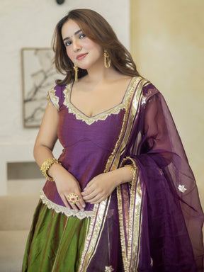 PURPLE PEPLUM BLOUSE WITH GREEN LEHENGA