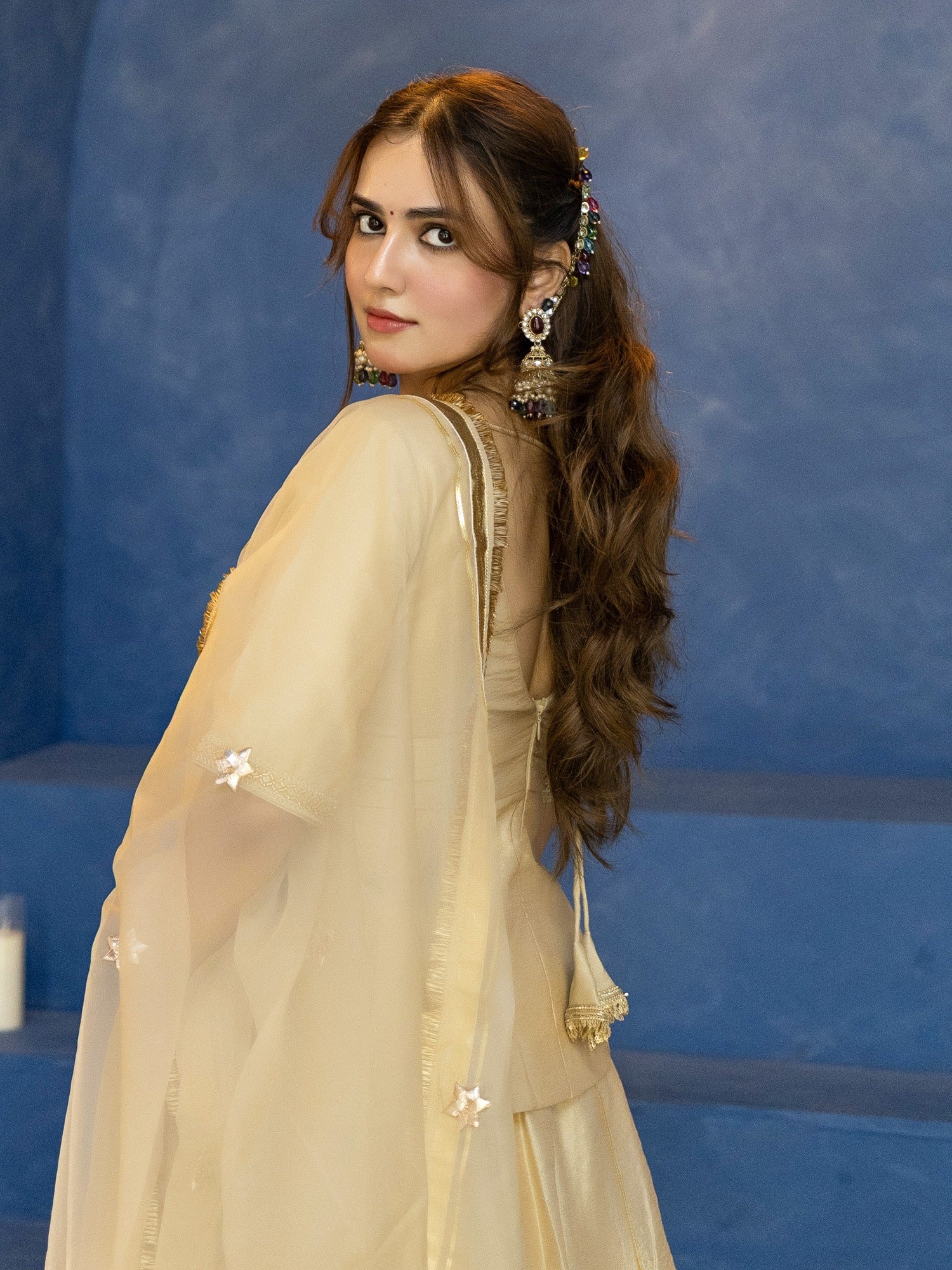 CREAME PEPLUM BLOUSE WITH LEHENGA