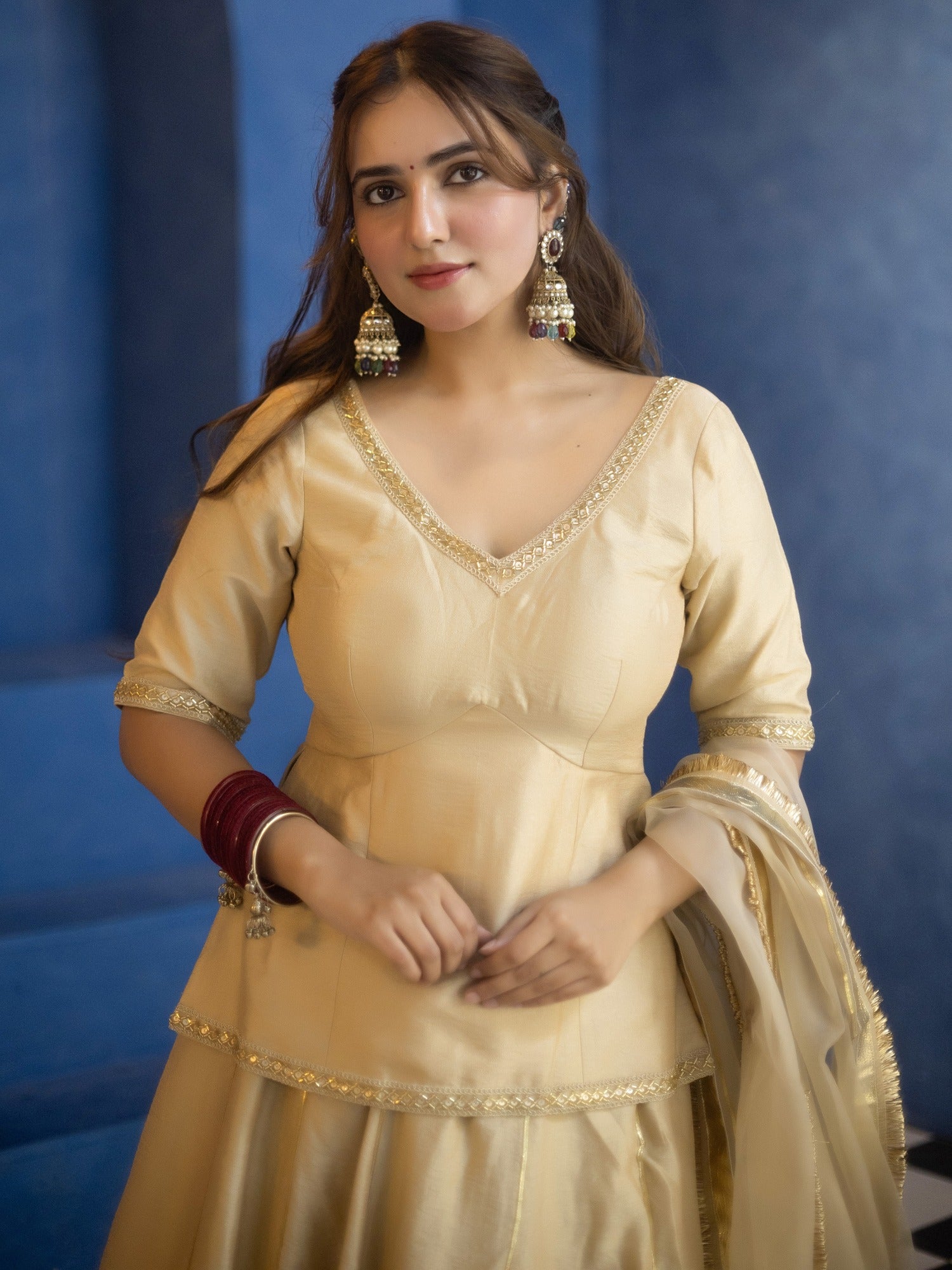 CREAME PEPLUM BLOUSE WITH LEHENGA