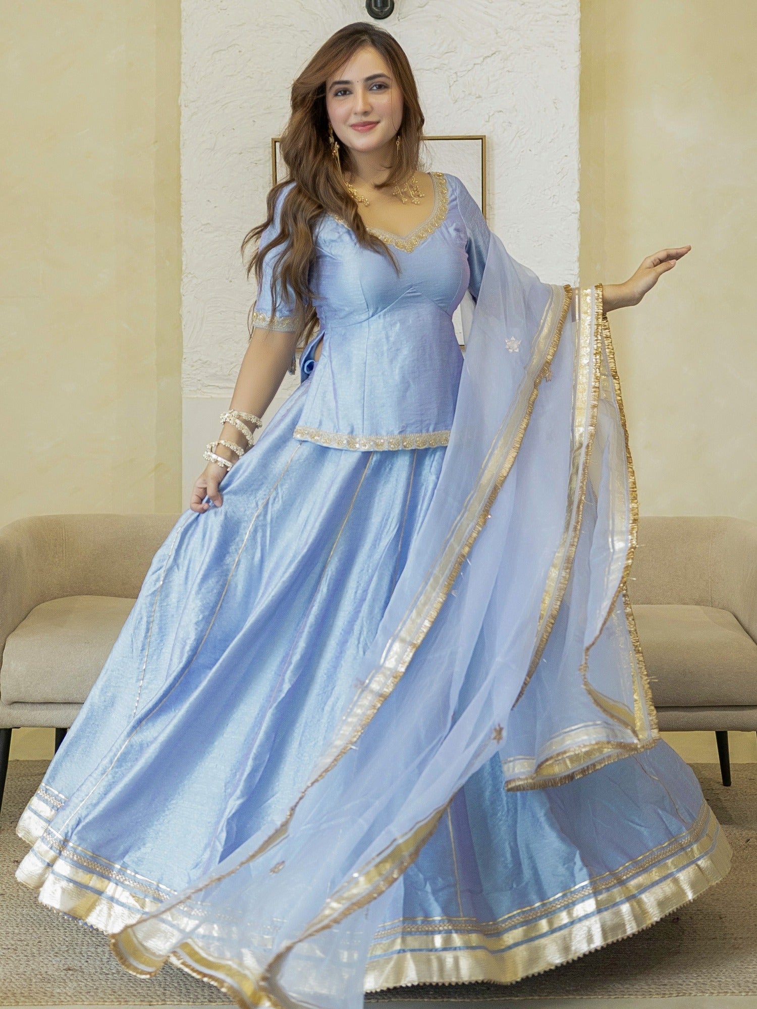 LIGHT BLUE PEPLUM BLOUSE WITH LEHENGA