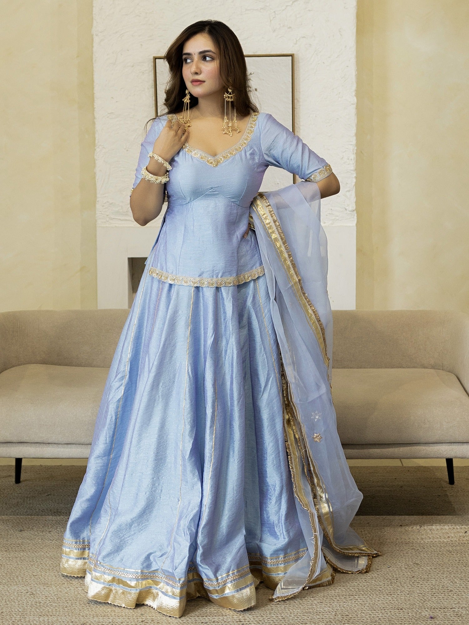 LIGHT BLUE PEPLUM BLOUSE WITH LEHENGA