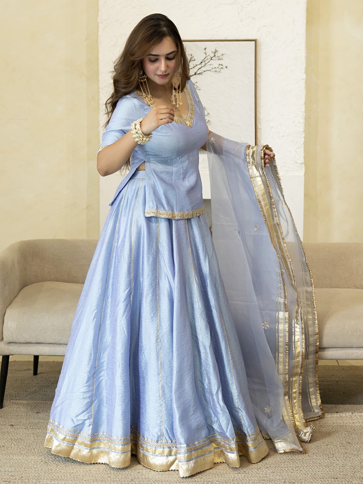 LIGHT BLUE PEPLUM BLOUSE WITH LEHENGA