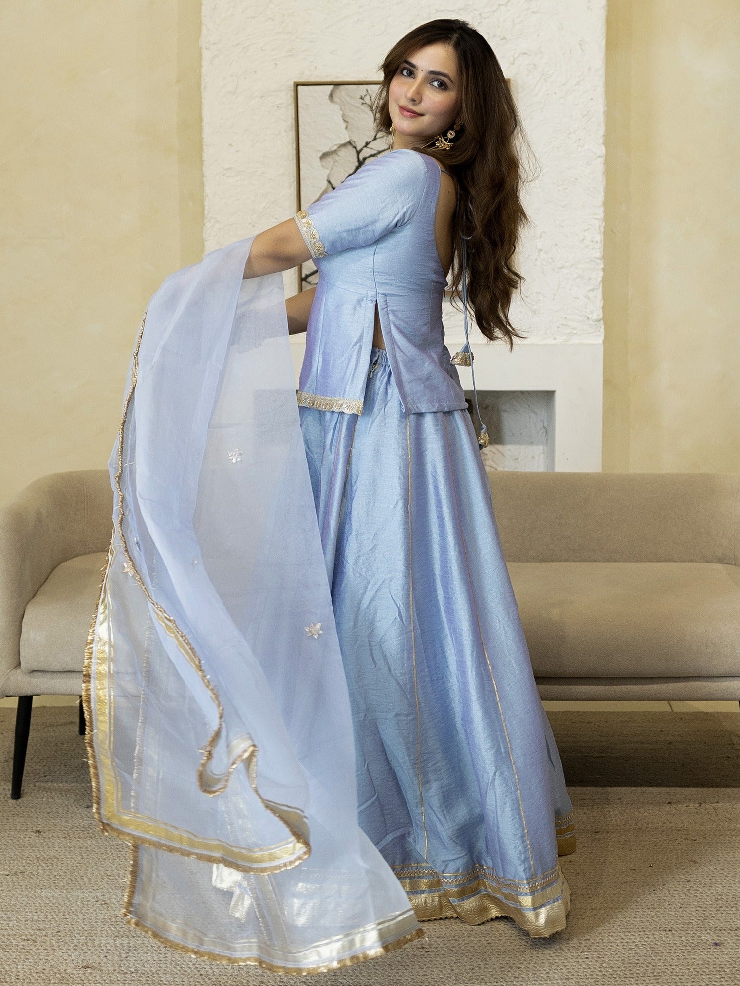 LIGHT BLUE PEPLUM BLOUSE WITH LEHENGA
