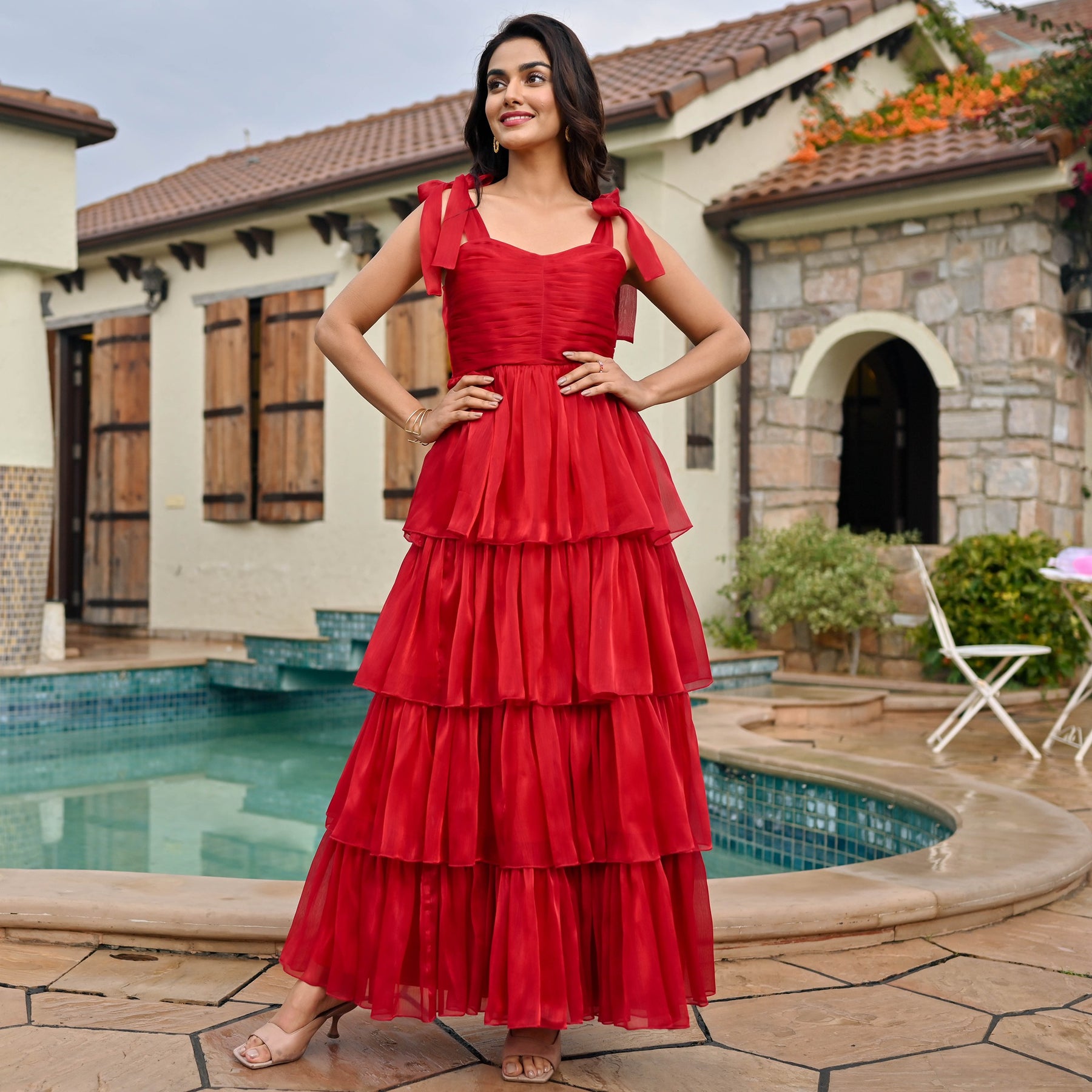 Red Color Enticing Georgette Readymade Gown With Dupatta